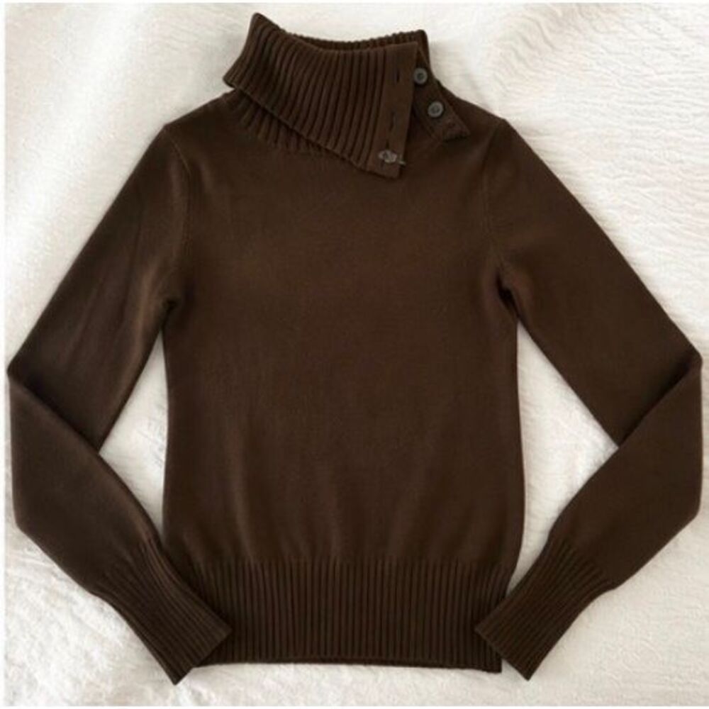 Banana Republic XS Brown Sweater Button Cowl Neck Rib Knit Pullover EUC B-10 - Picture 3 of 6